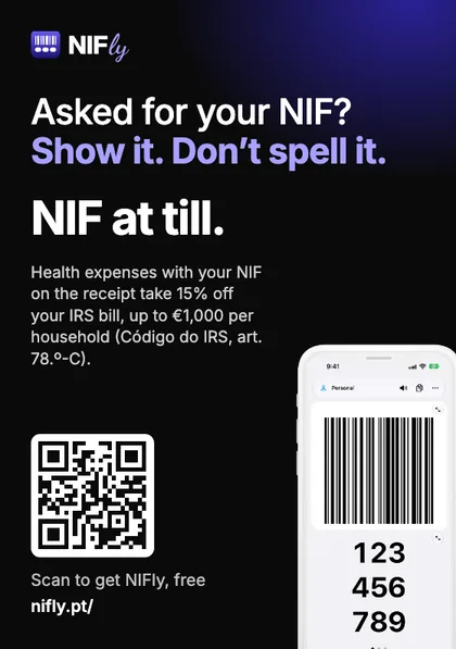 The Till Kit sheet: NIFly logo, "Asked for your NIF? Show it. Don't spell it.", the deduction, a QR code and the app's screen
